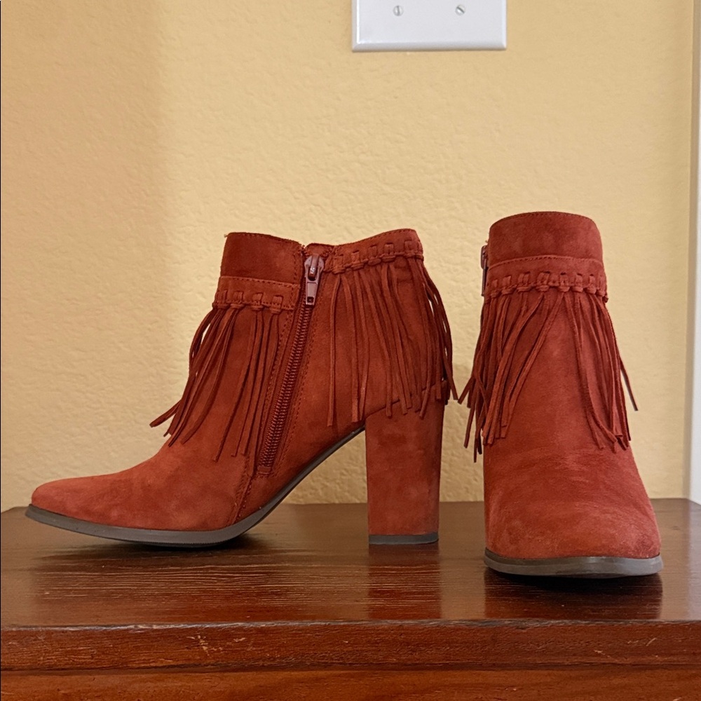 Nine West Rust Orange Suede Fringe Ankle Boots